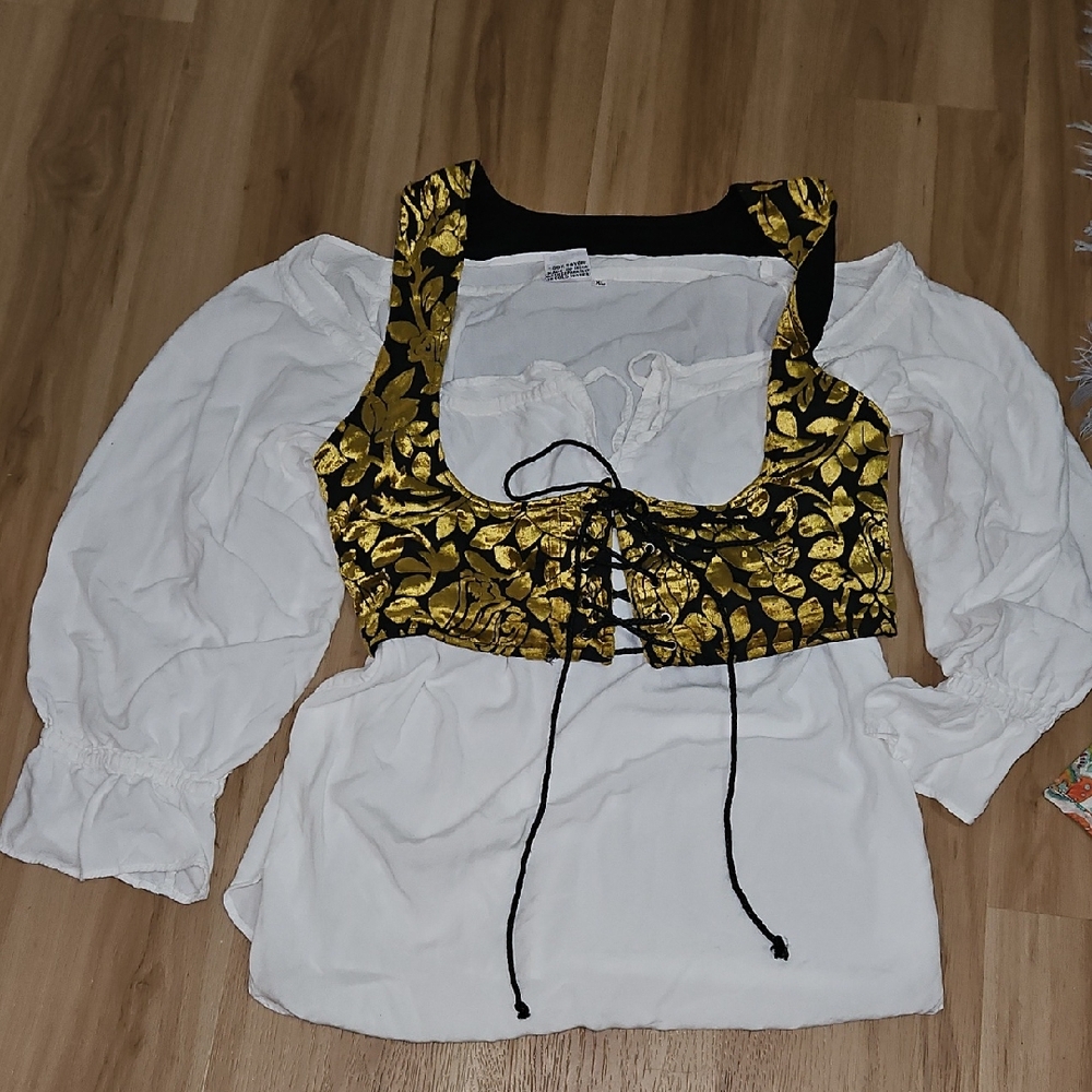 Elegant White Blouse with Gold Floral Overlay